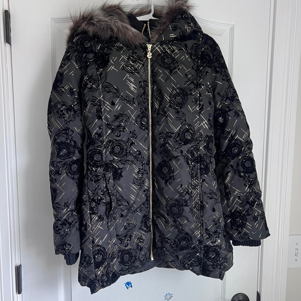 Desigual Padded Eylau Black Gold Velvet Flocked Hooded Puffer Jacket 40 US 6 NEW